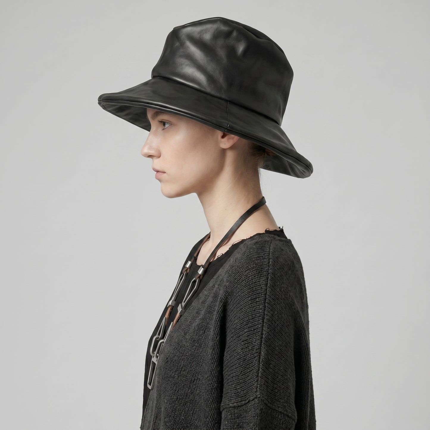 Sculptural Black Leather Hat