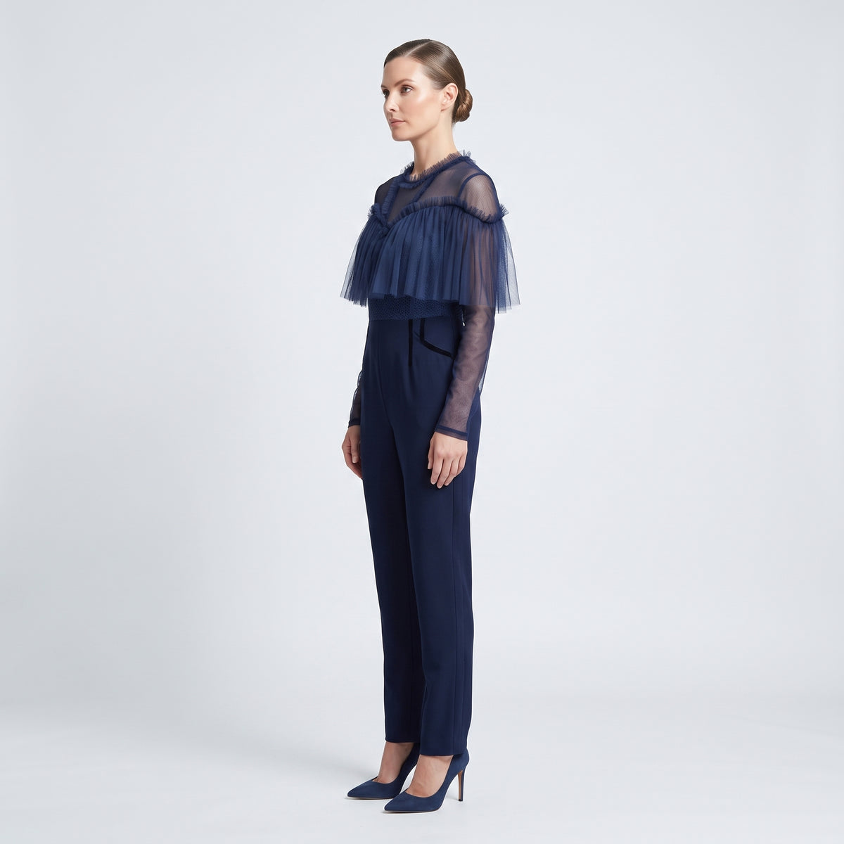 Navy Ruffled Tulle Panel Jumpsuit