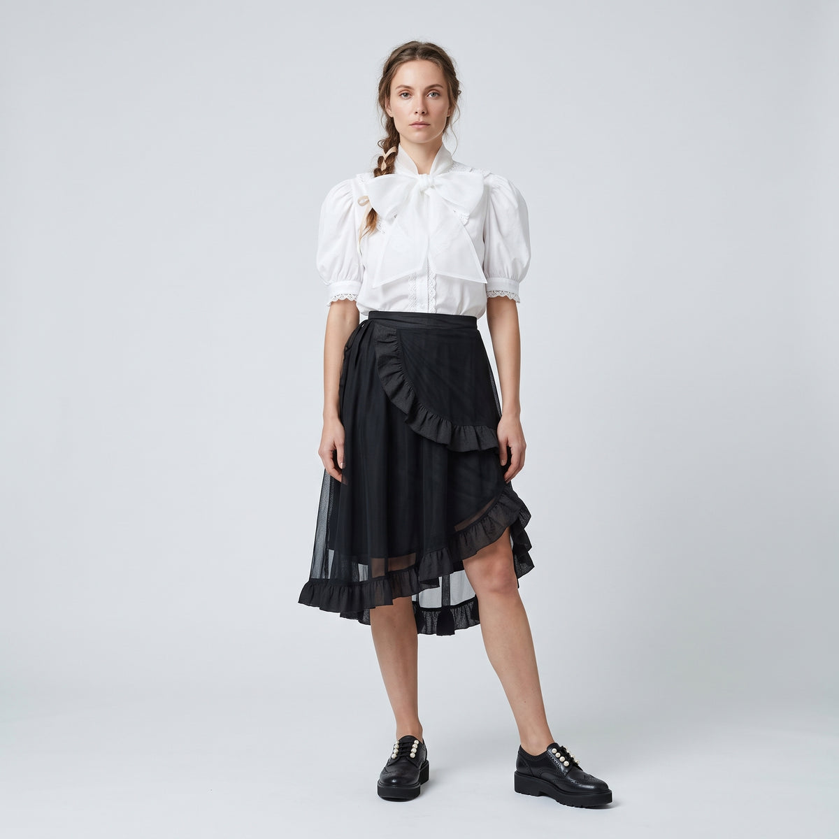 Ruffled Tulle Midi Skirt