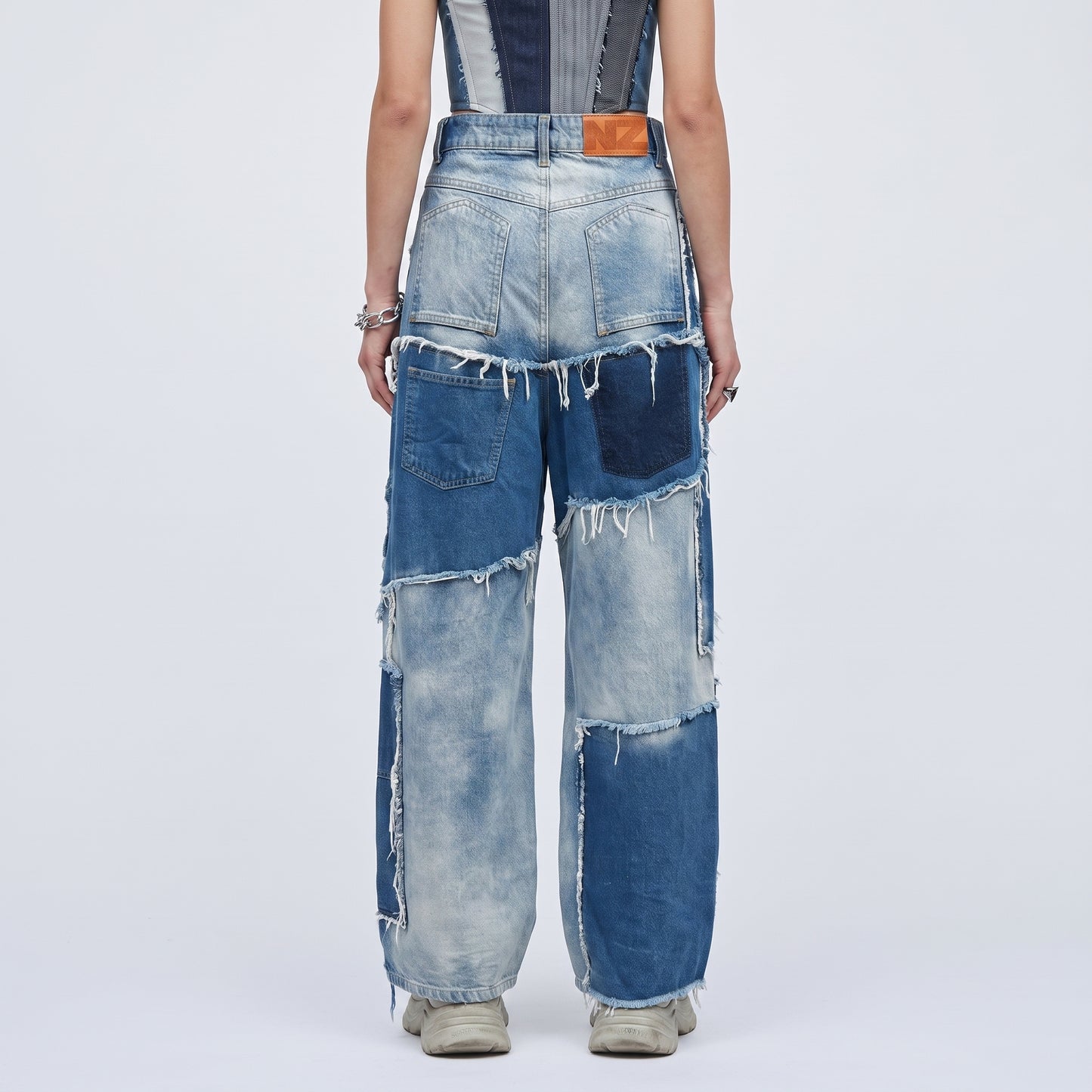 Distressed Patchwork Wide-Leg Jeans
