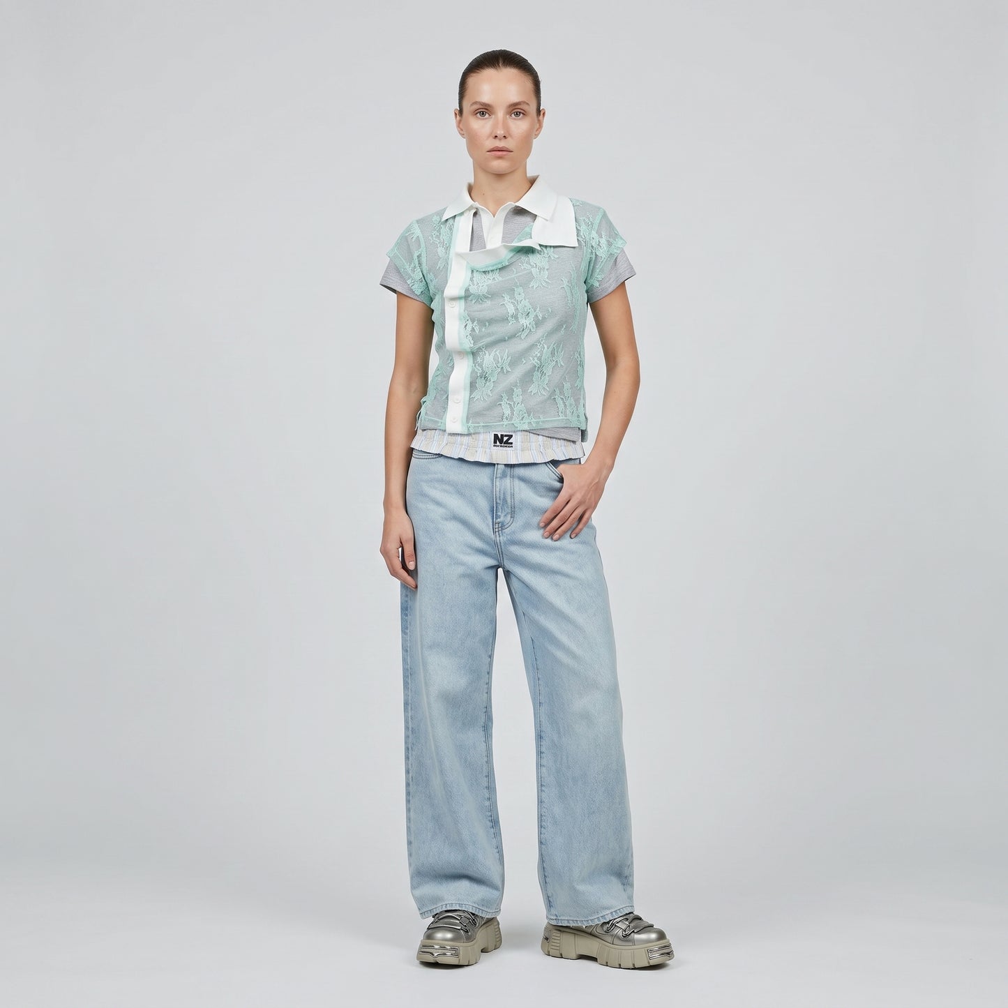 Lace Overlay Asymmetric Polo Top