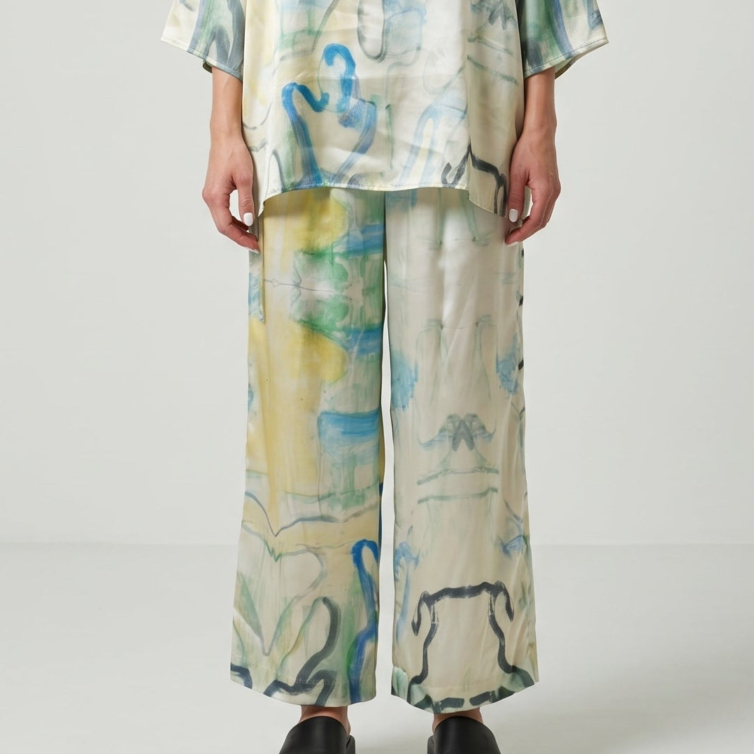 Abstract Print Silk Wide Trousers