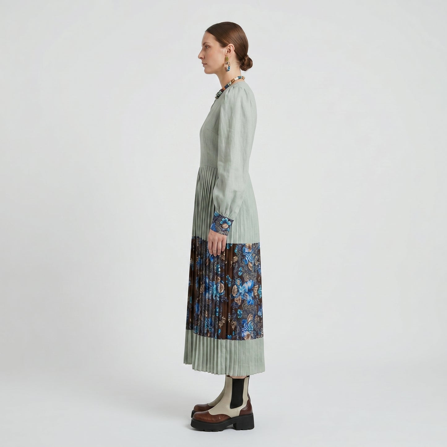 Pleated Linen Floral Midi Dress