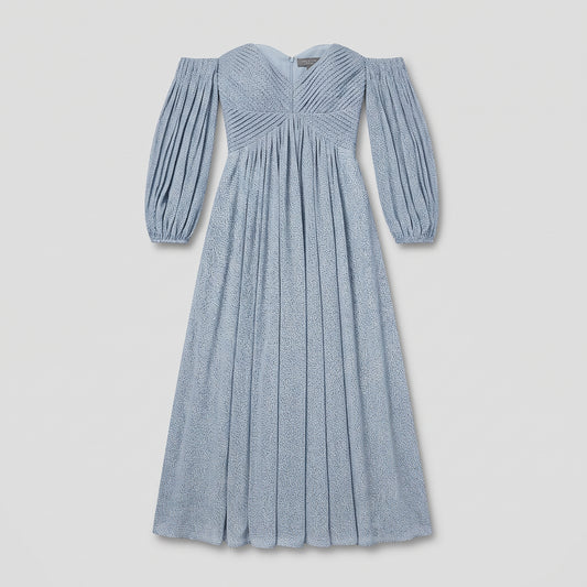 Off-Shoulder Pleated Midi Dress