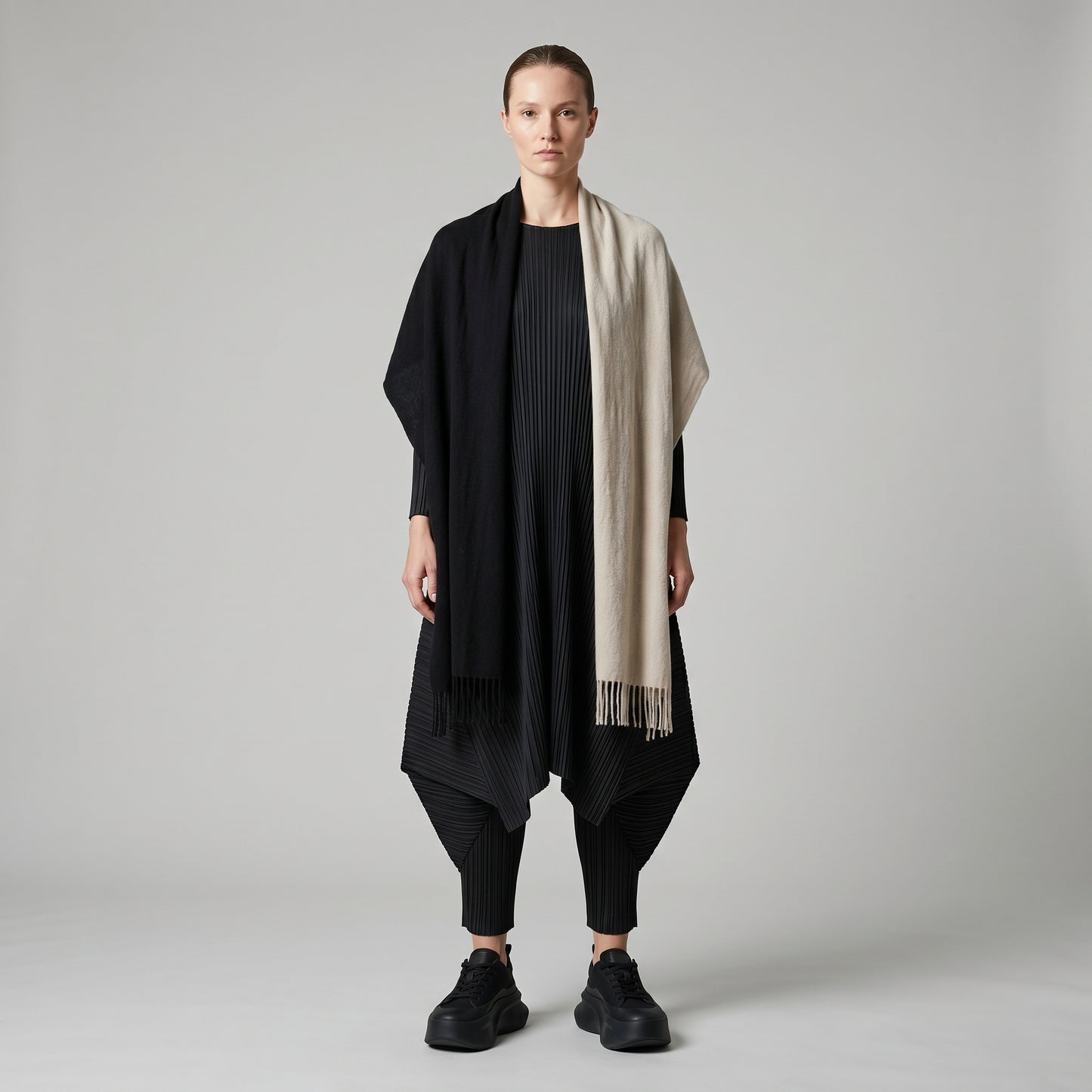 Two-Tone Fringed Knit Scarf