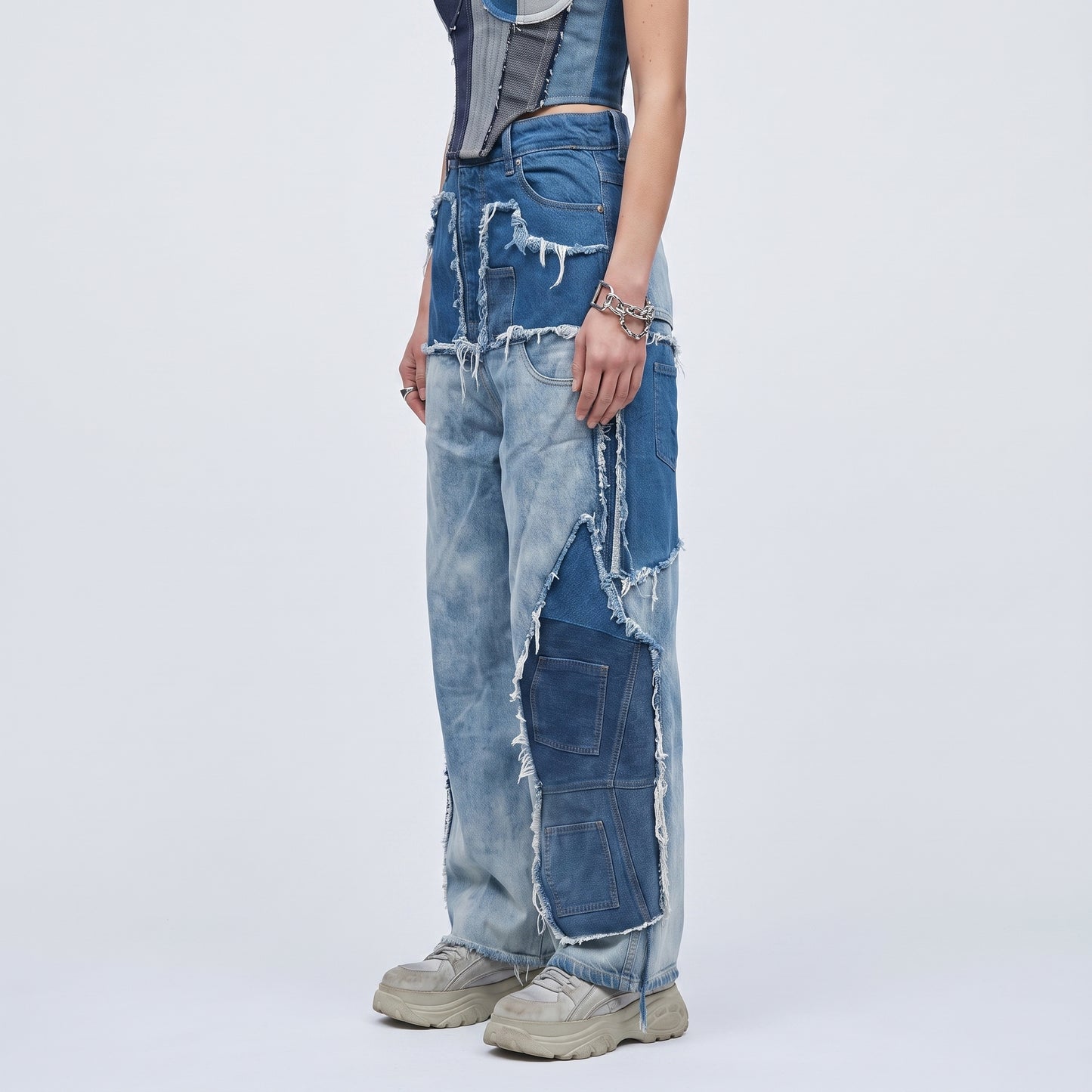 Distressed Patchwork Wide-Leg Jeans