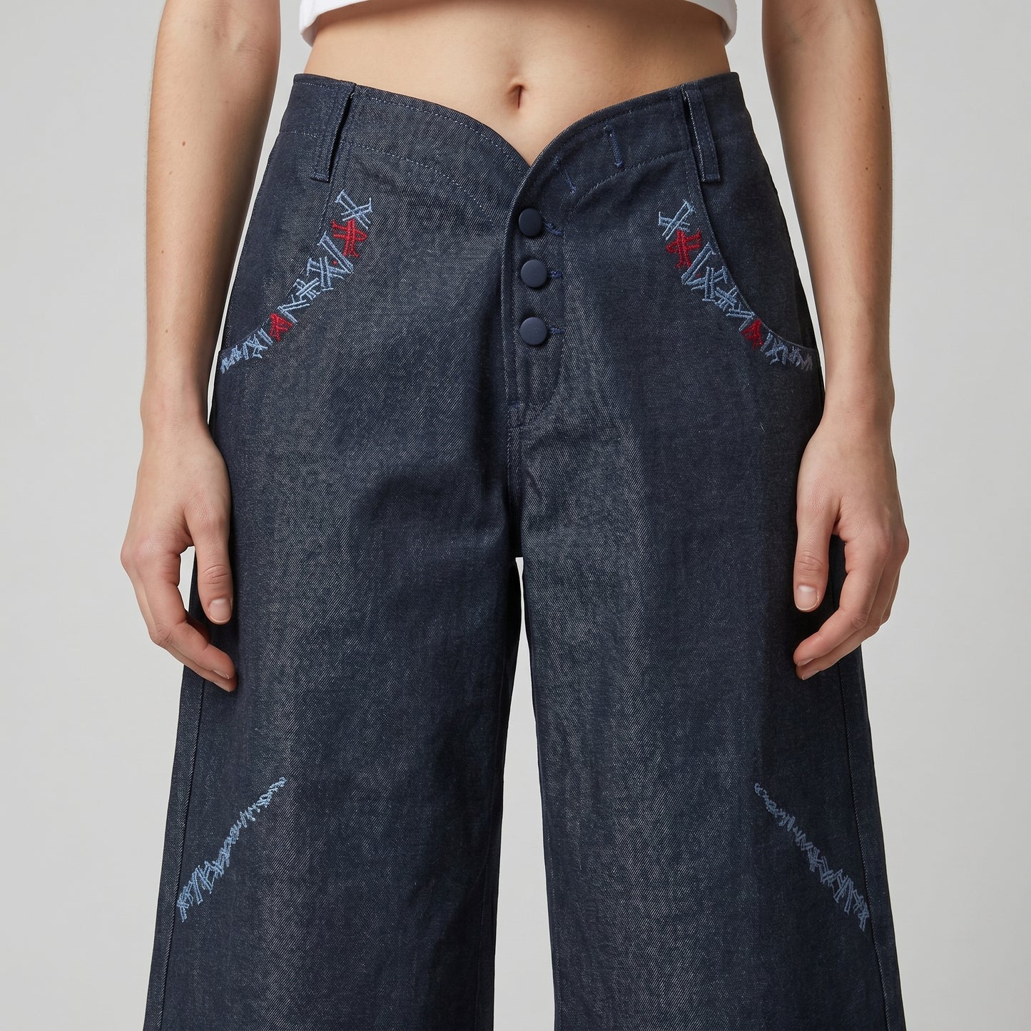 Embroidered Wide Leg Denim Culottes