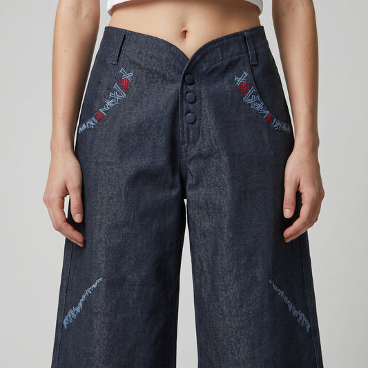 Embroidered Wide Leg Denim Culottes