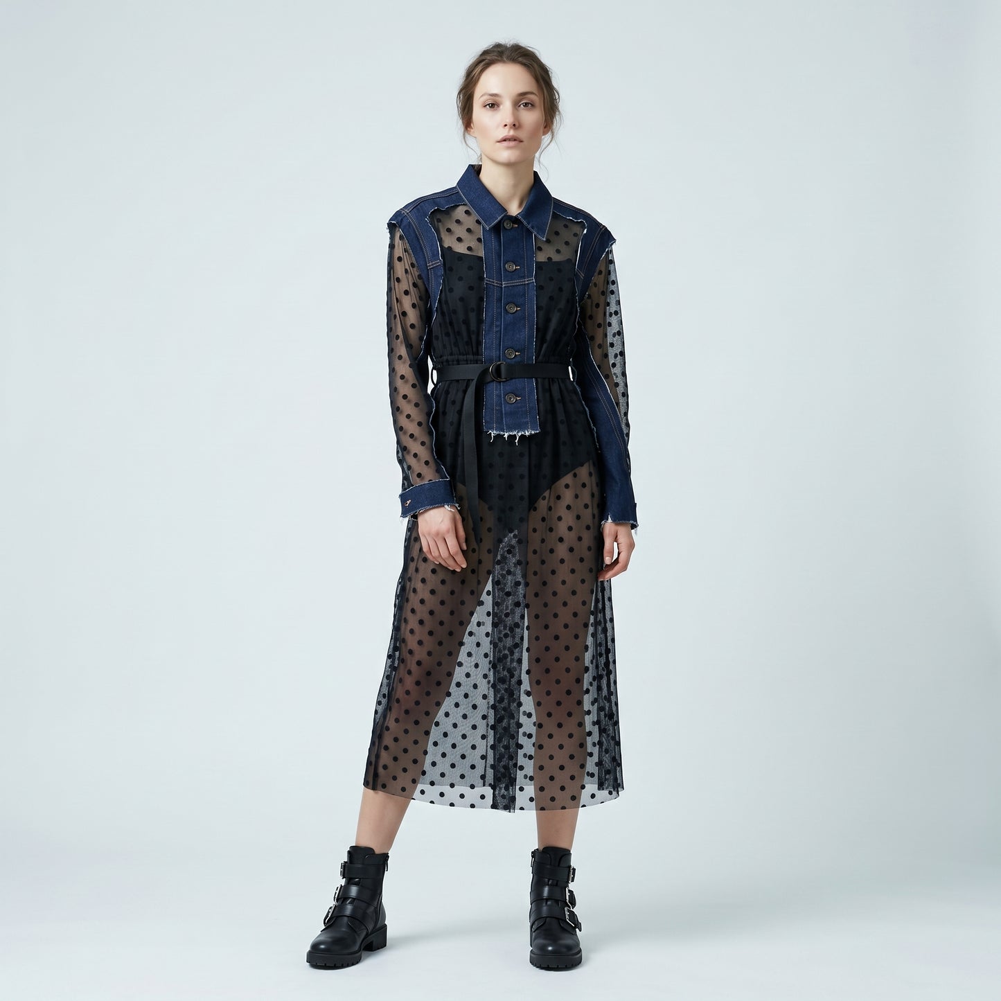 Sheer Polka Dot Denim Dress