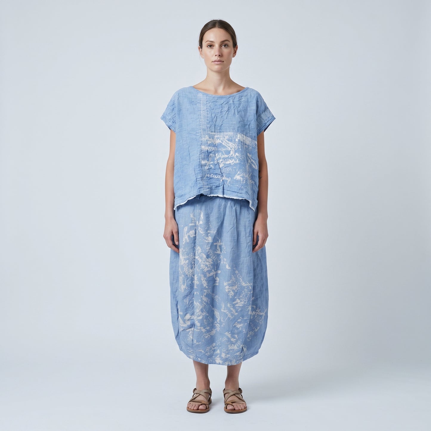 Embroidered Blue Linen Boxy Top