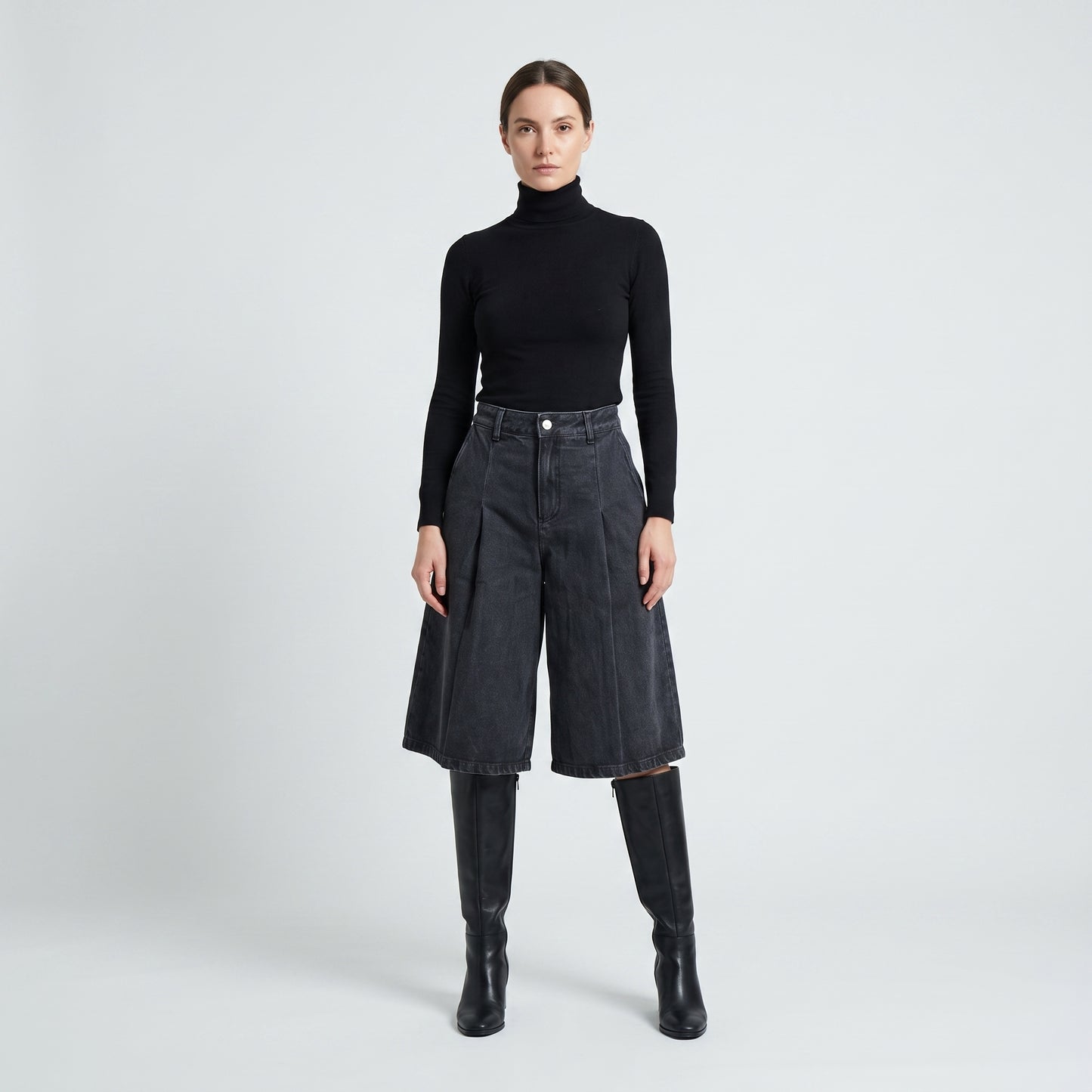 Pleated Black Denim Culottes
