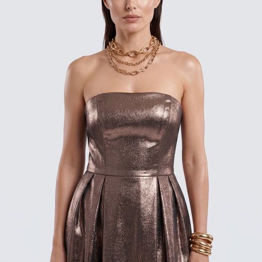 Metallic Strapless Pleated Dress