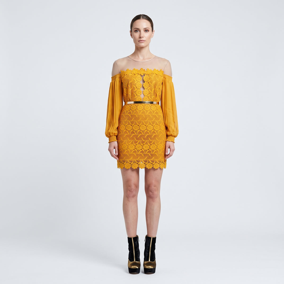 Mustard Floral Lace Mini Dress