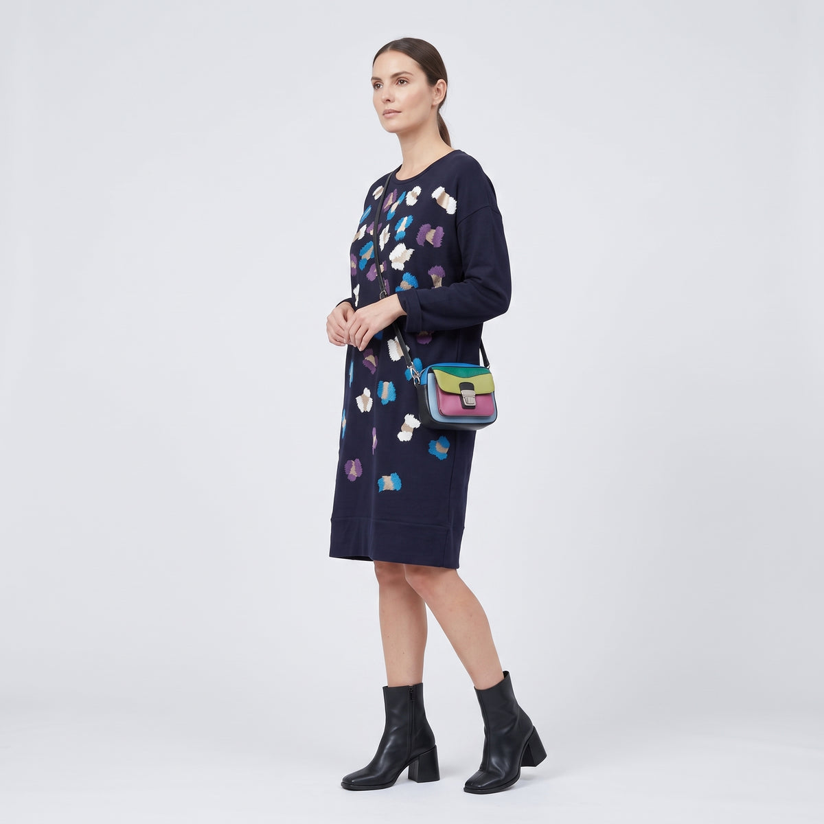 Abstract Embroidered Navy Sweatshirt Dress