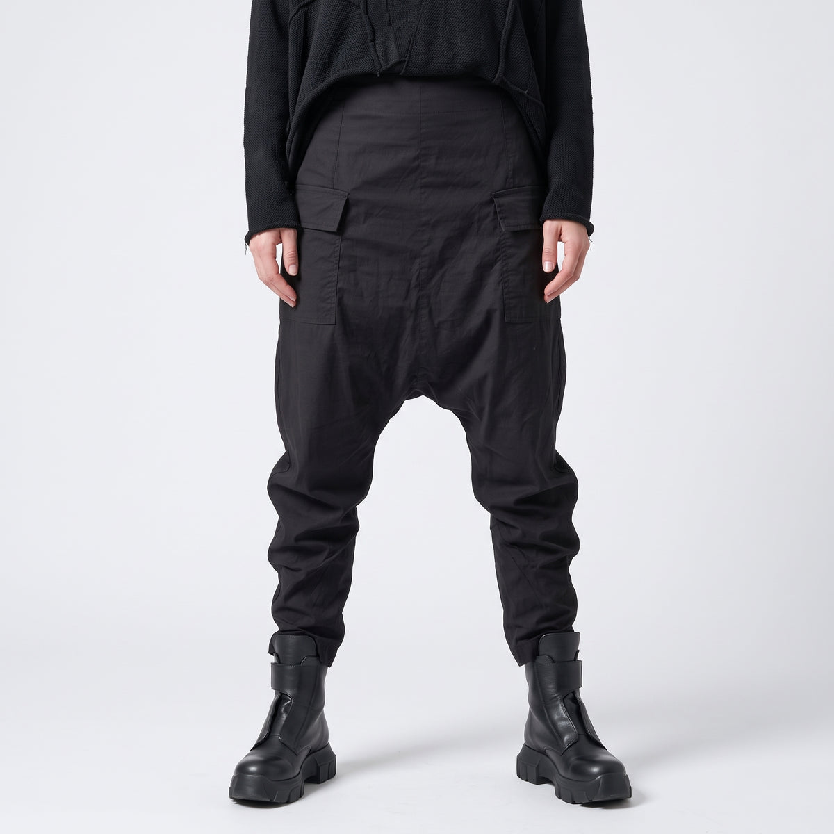 Black Cargo Drop Crotch Pants