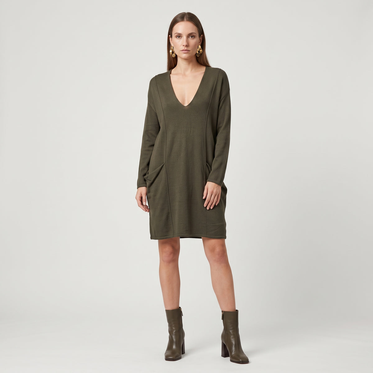 Olive V-Neck Knit Tunic