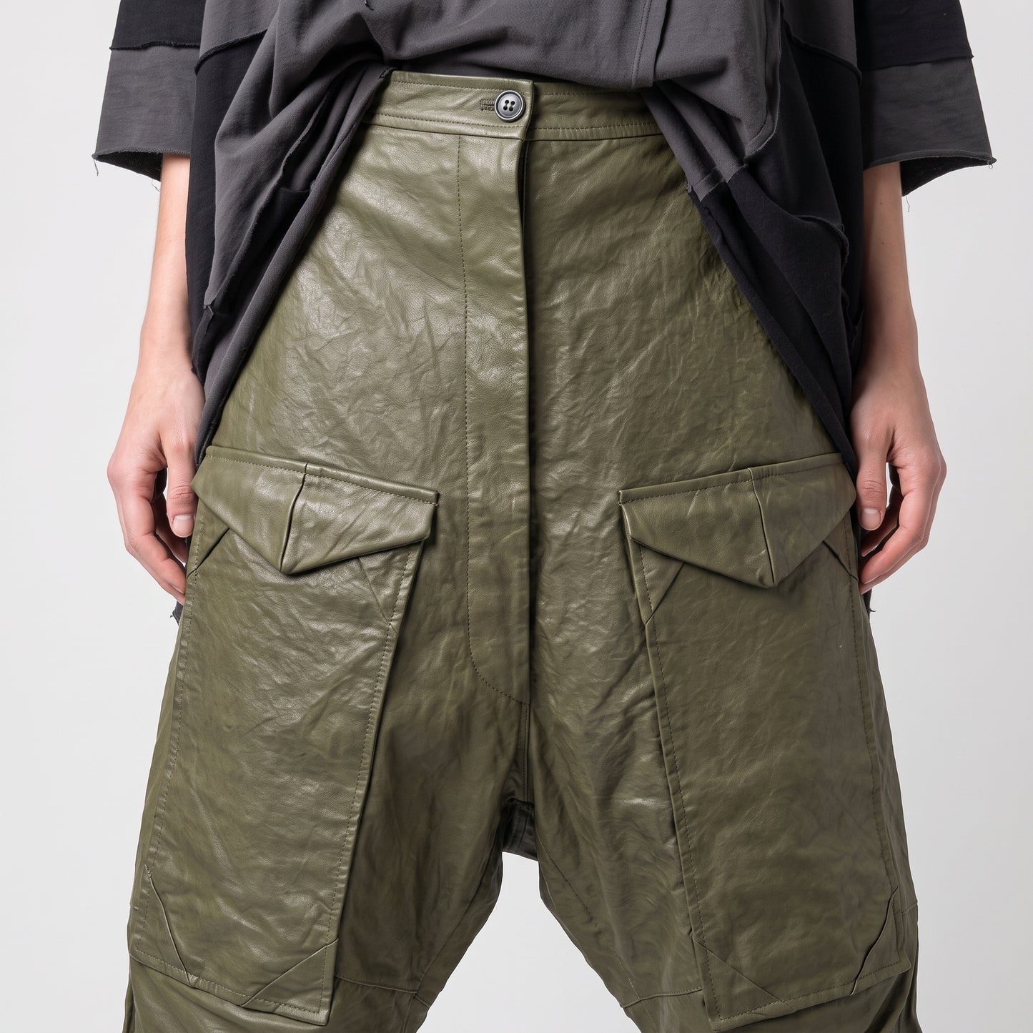 Olive Green Leather Cargo Trousers