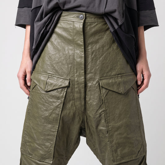 Olive Green Leather Cargo Trousers