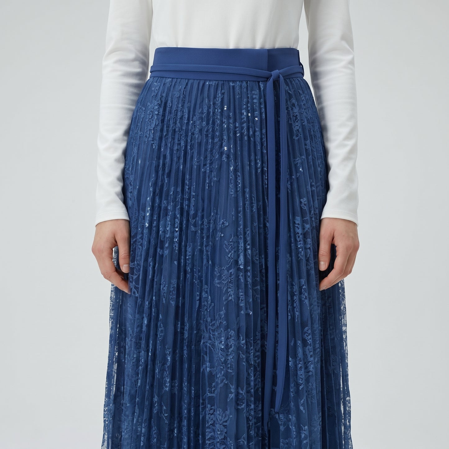 Navy Lace Pleated Midi Skirt