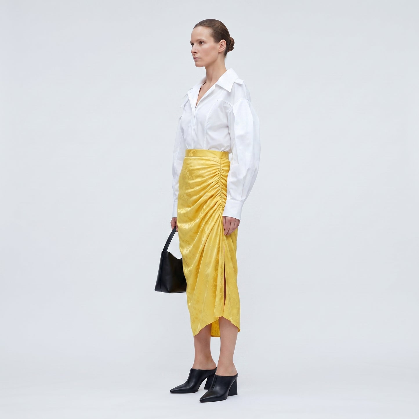 Ruched Floral Satin Midi Skirt