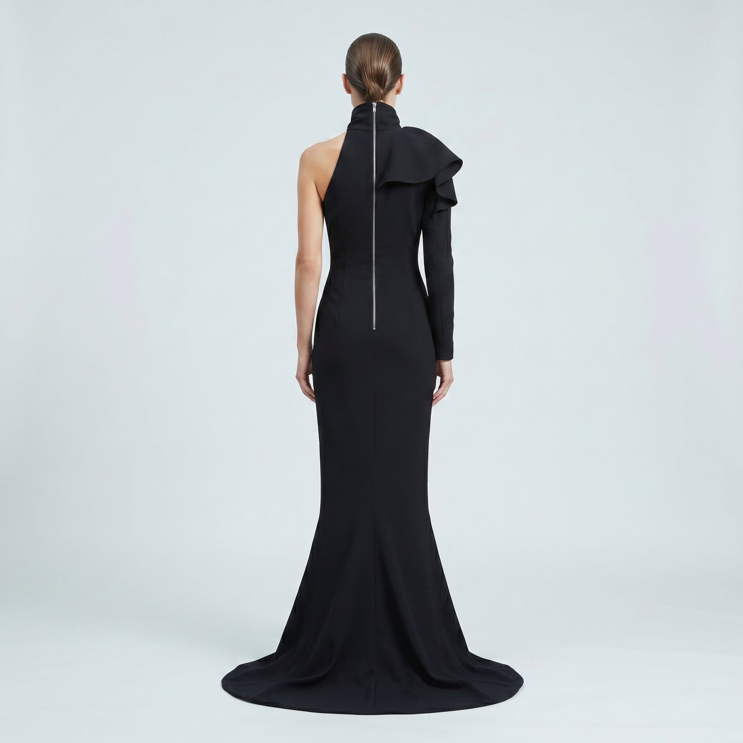 Asymmetric High-Neck Evening Gown