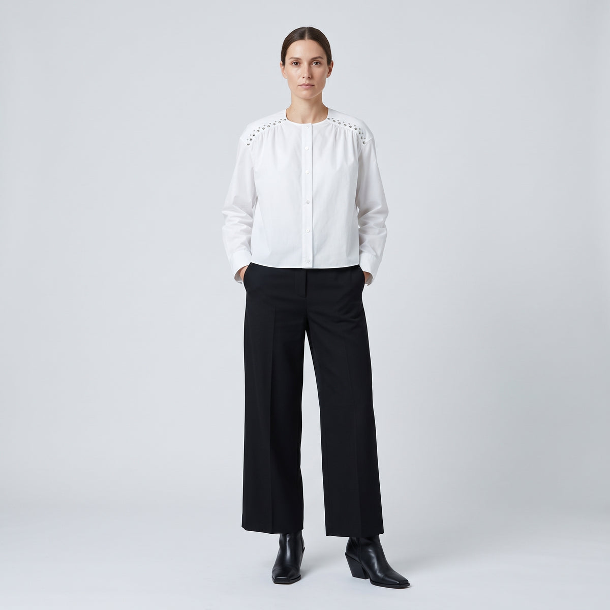 Studded Detail White Cotton Shirt