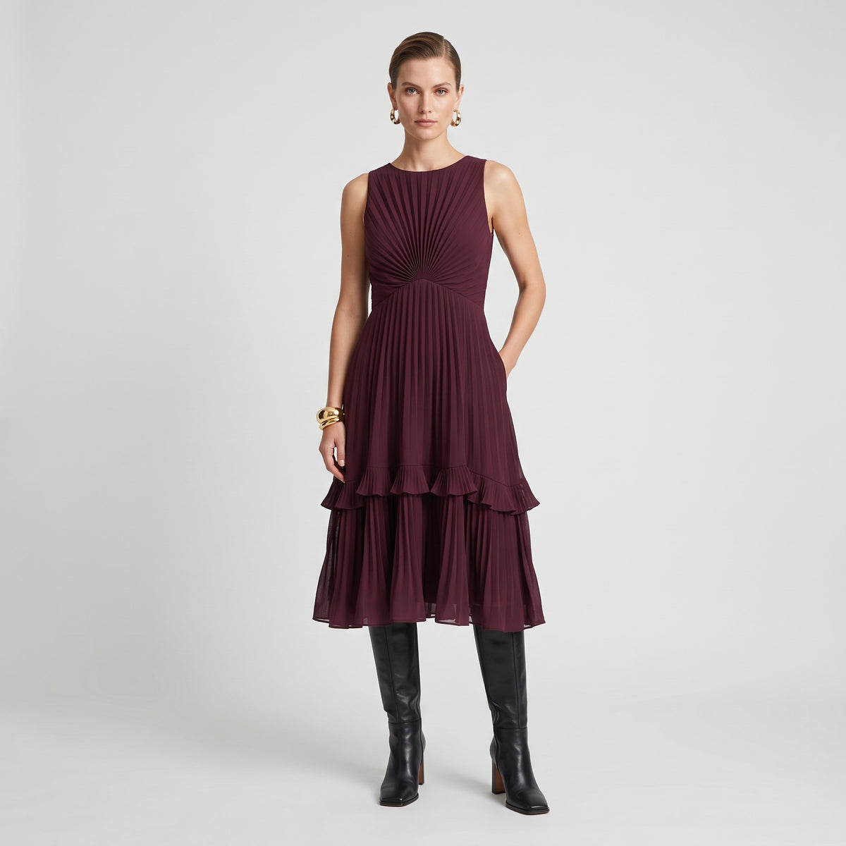 Pleated Tiered Burgundy Cocktail Dress