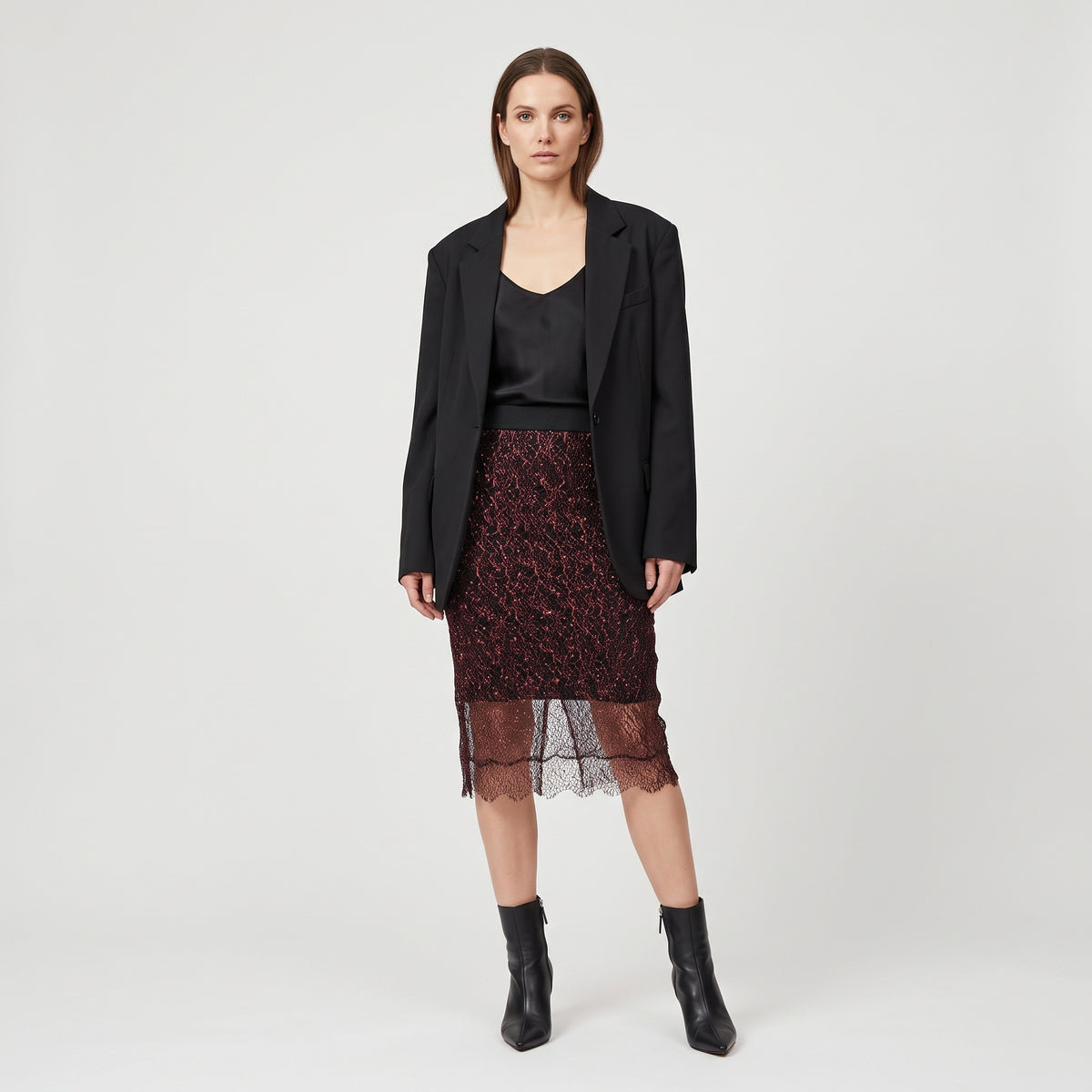 Metallic Lace Midi Skirt