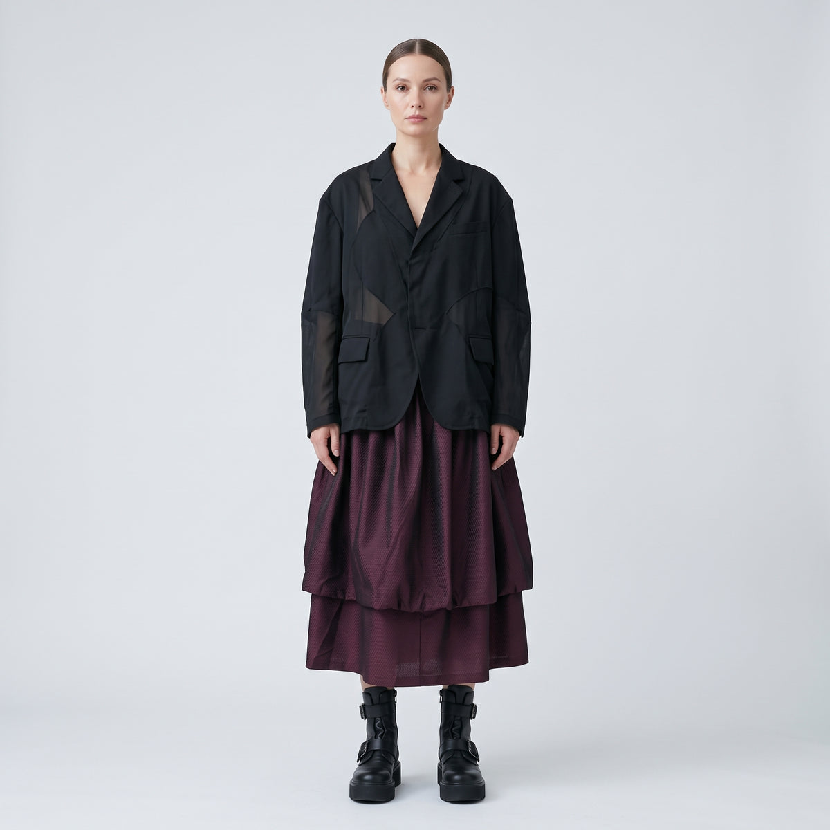 Pleated Burgundy Layered Midi Skirt