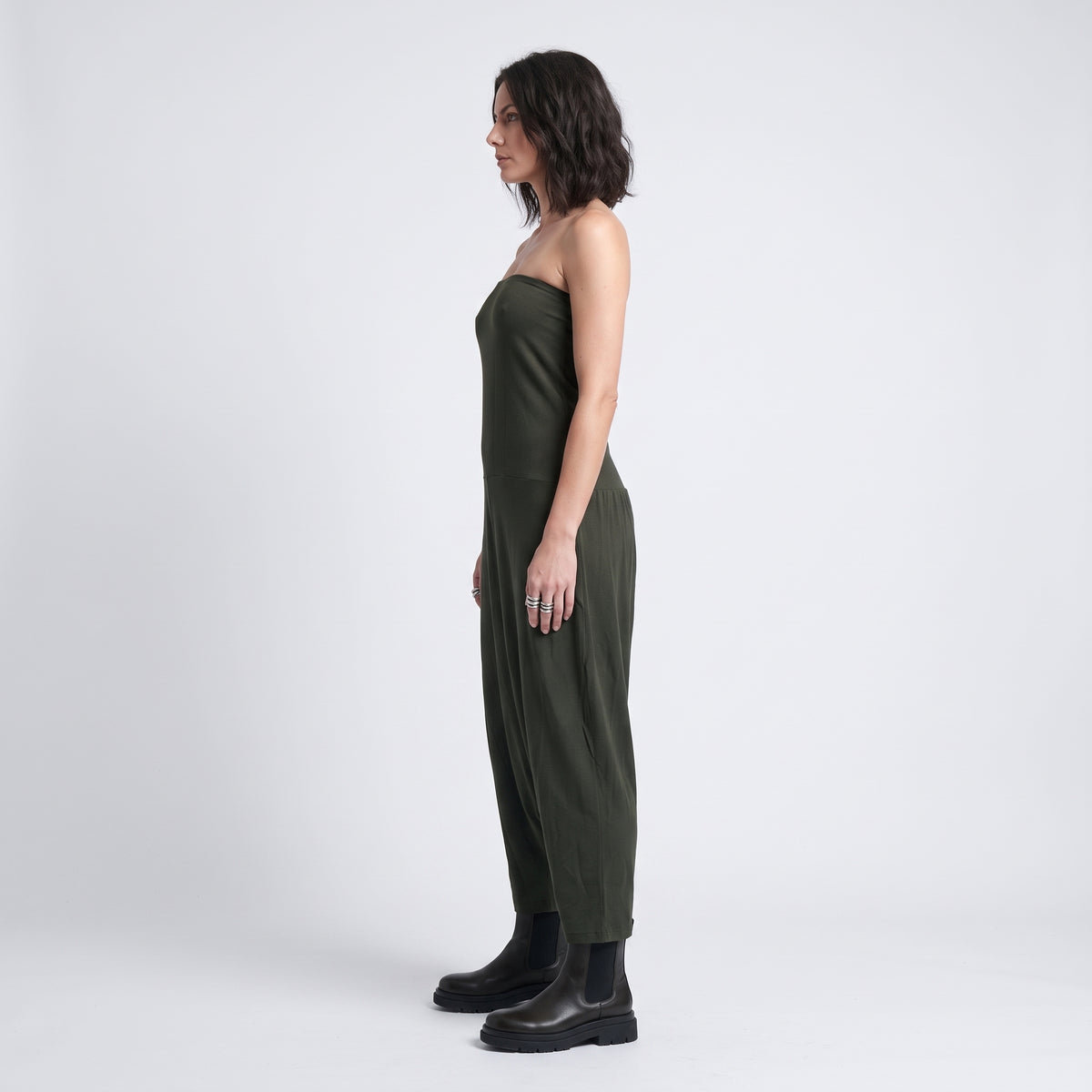 Strapless Olive Jersey Jumpsuit