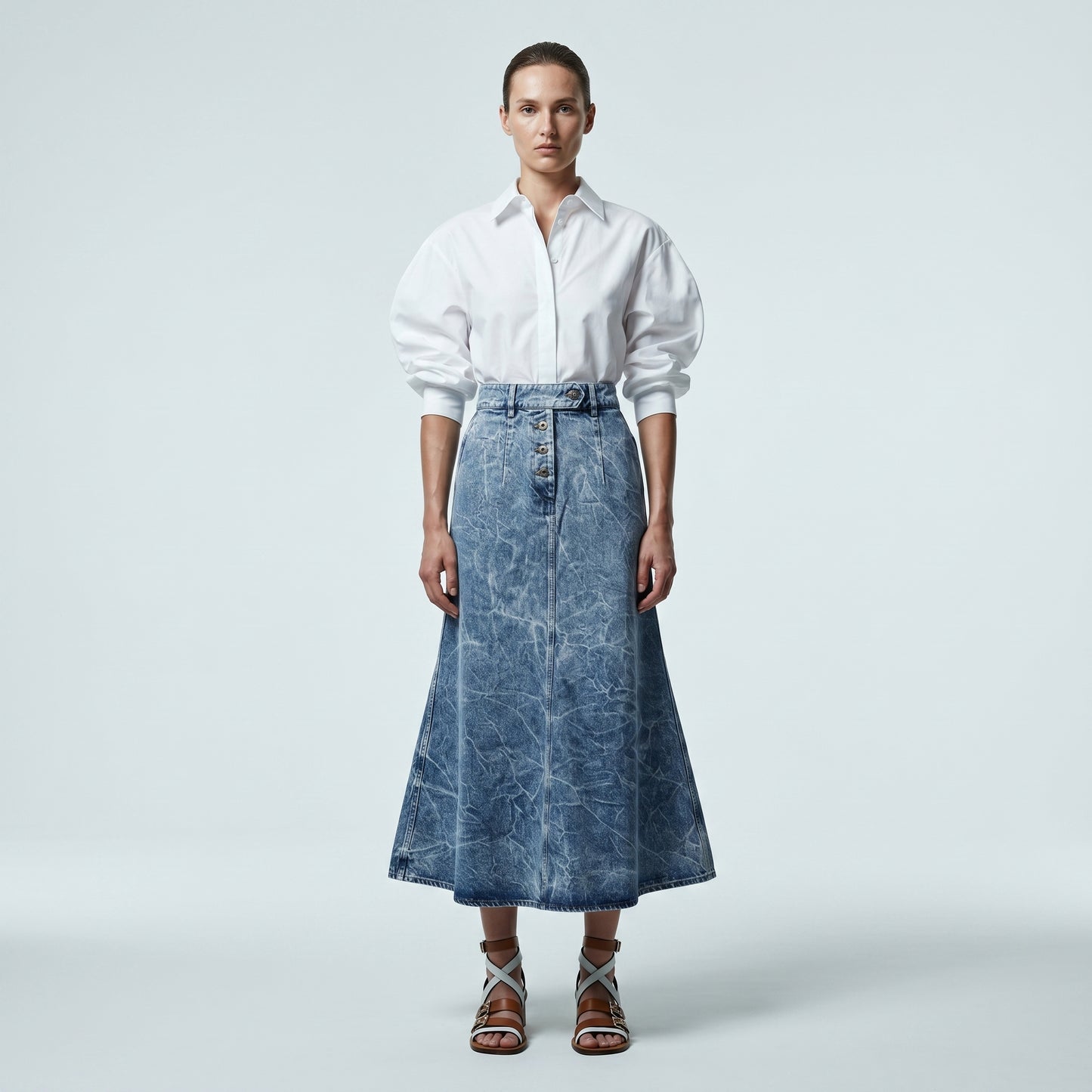 Acid Wash Denim Midi Skirt