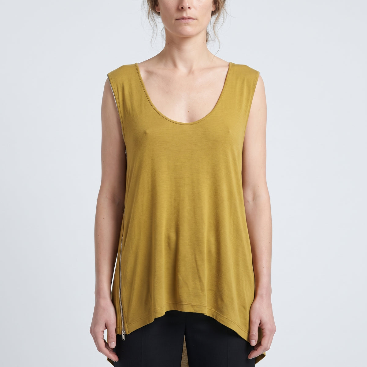 Zip-Detail Mustard Sleeveless Top