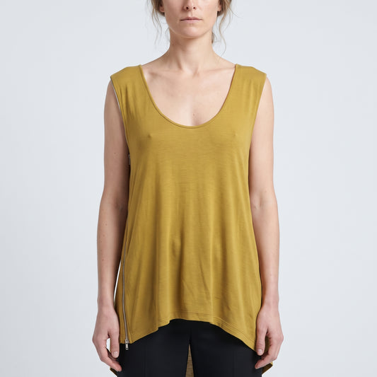 Zip-Detail Mustard Sleeveless Top