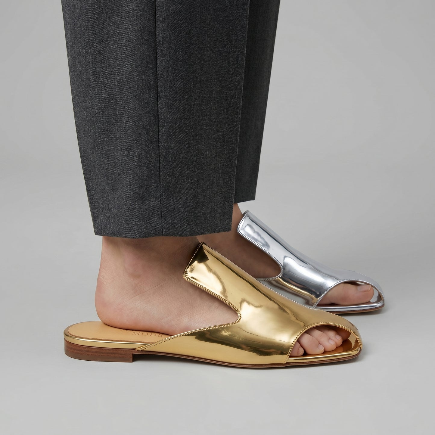 Mismatched Metallic Leather Mules