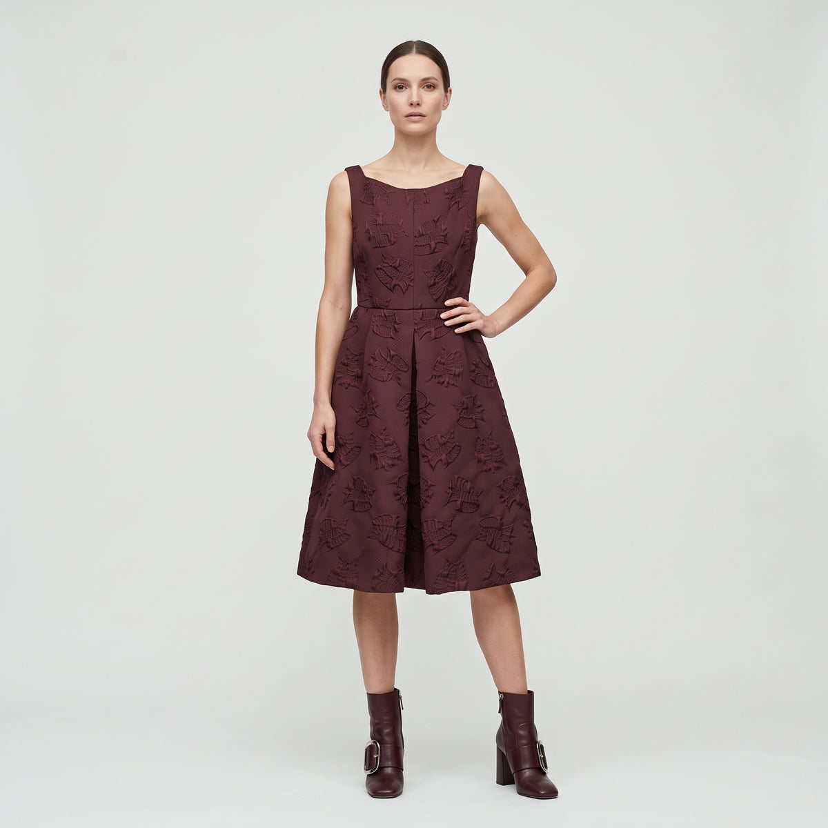Embossed Burgundy Sleeveless A-Line Dress