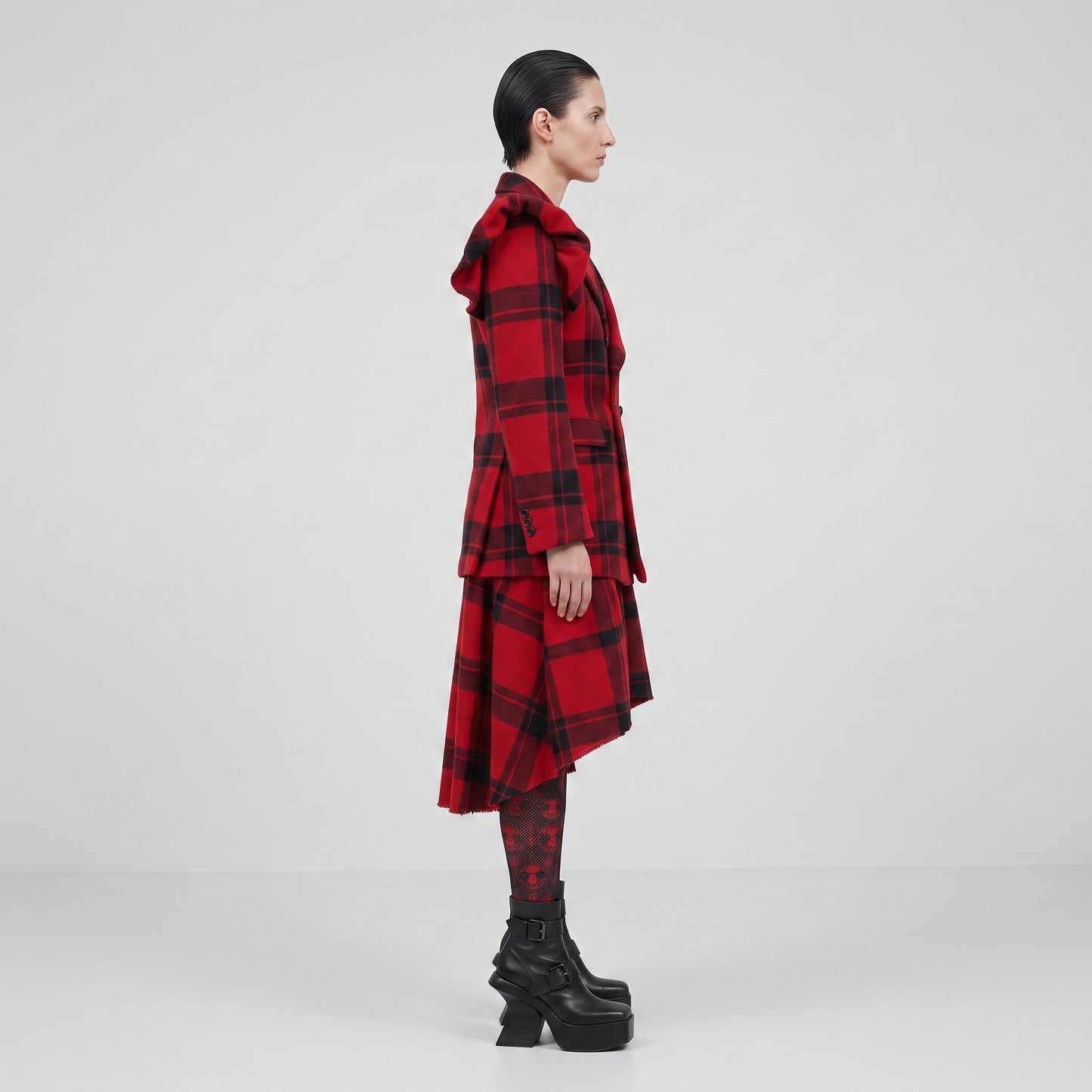 Red Tartan Ruffle Shoulder Blazer