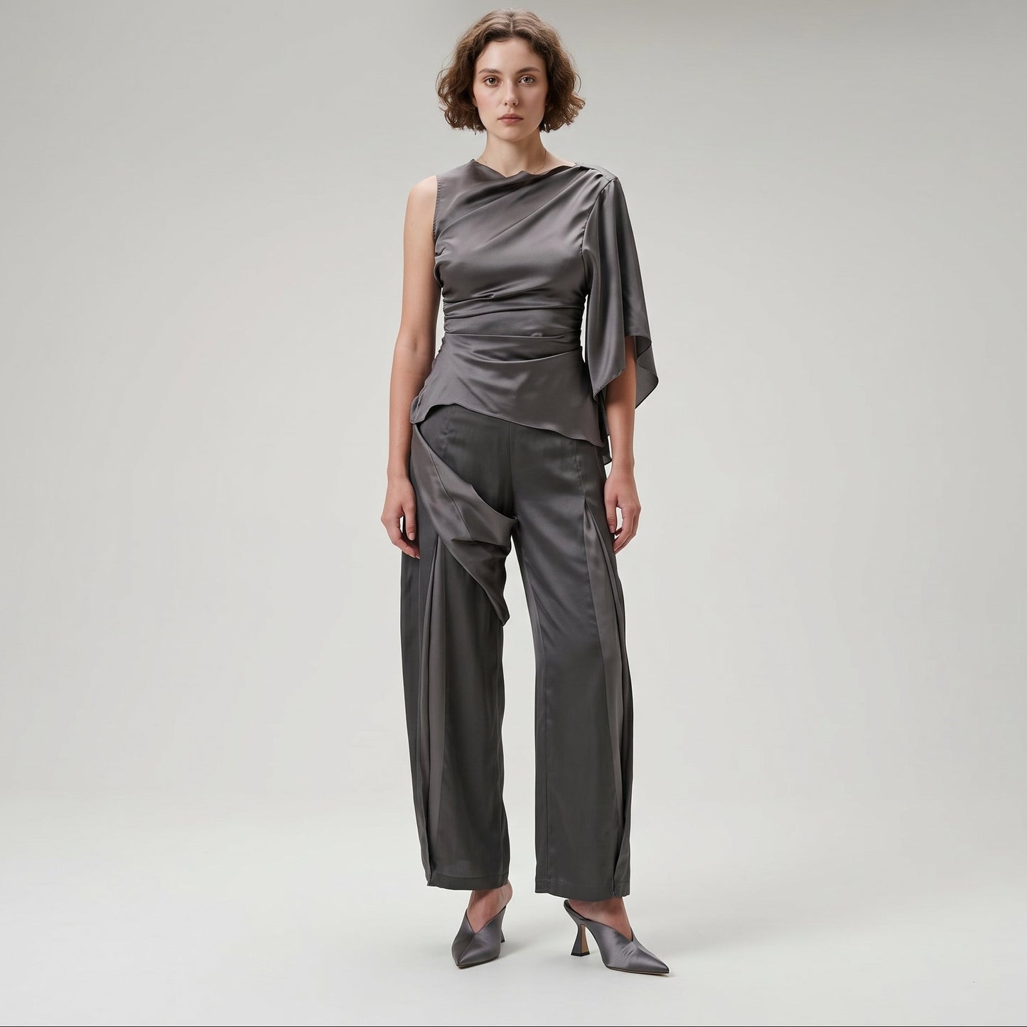 Asymmetric Draped Satin Blouse