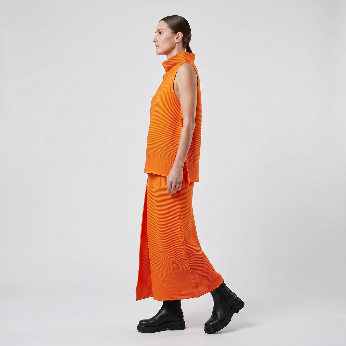 Orange Pleated Sleeveless Top