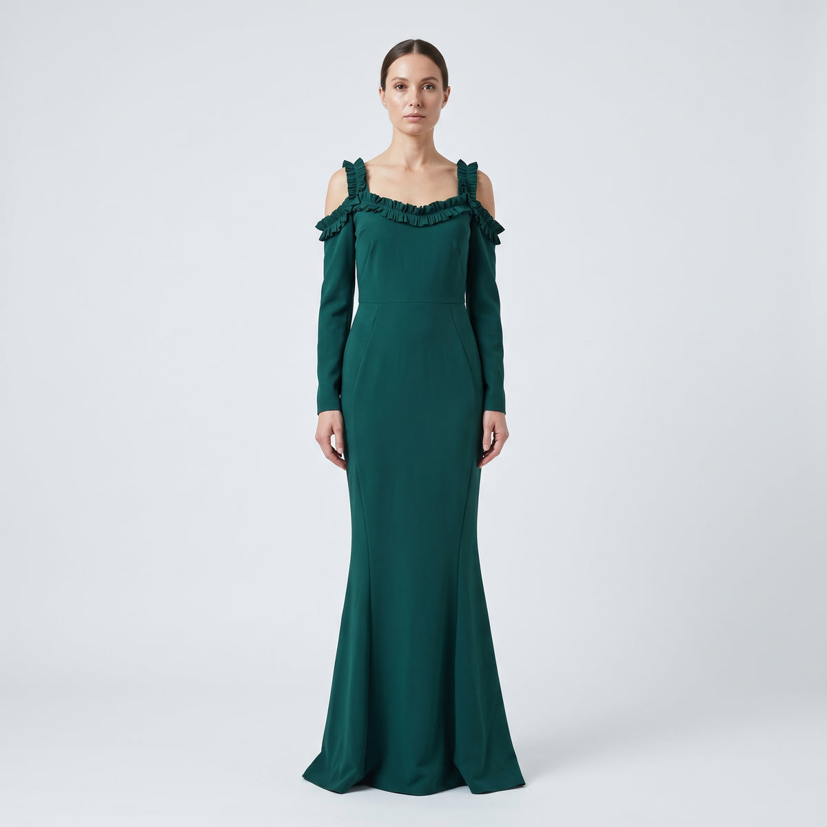 Emerald Ruffle Cold-Shoulder Gown
