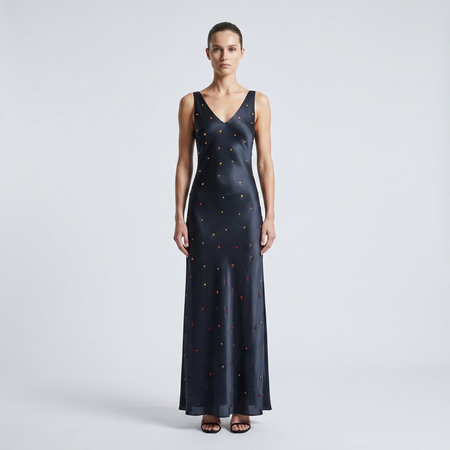 Embellished Black Satin Maxi Dress