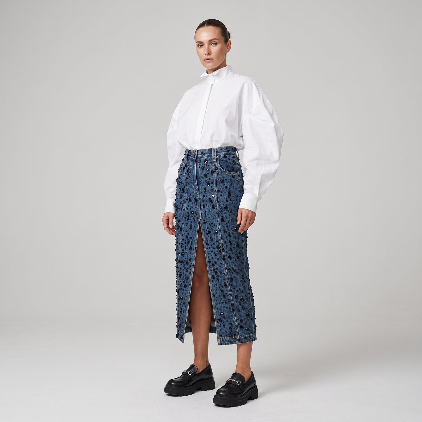 Embellished Front-Slit Denim Midi Skirt