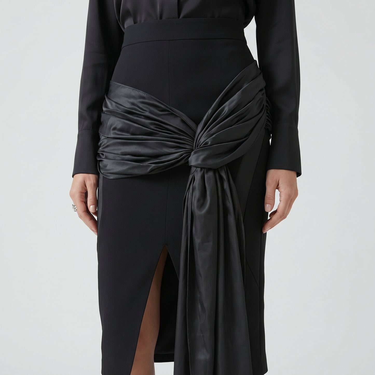 Sculptural Draped Black Midi Skirt