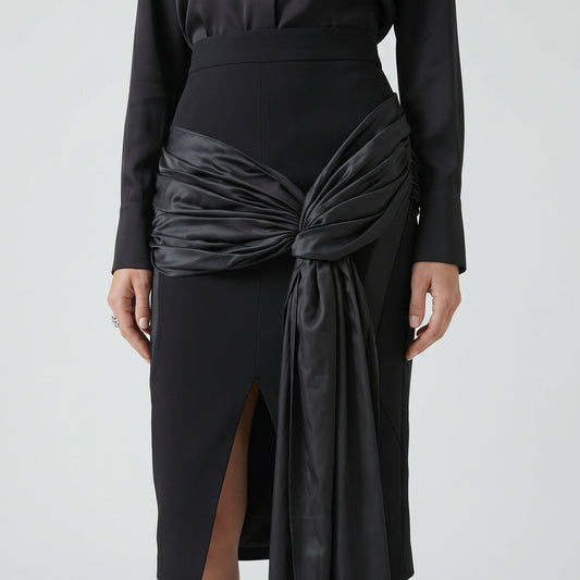 Sculptural Draped Black Midi Skirt