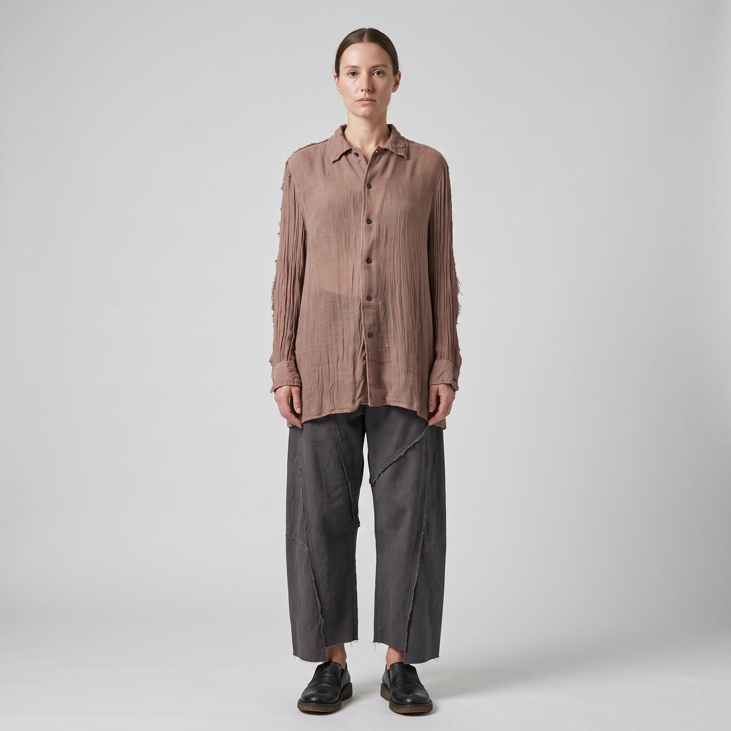 Pleated Sleeve Linen Button-Down Shirt