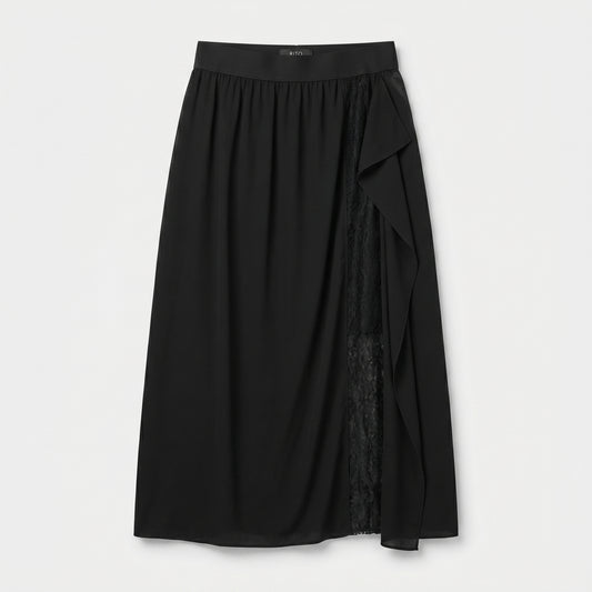 Lace-Paneled Draped Midi Skirt