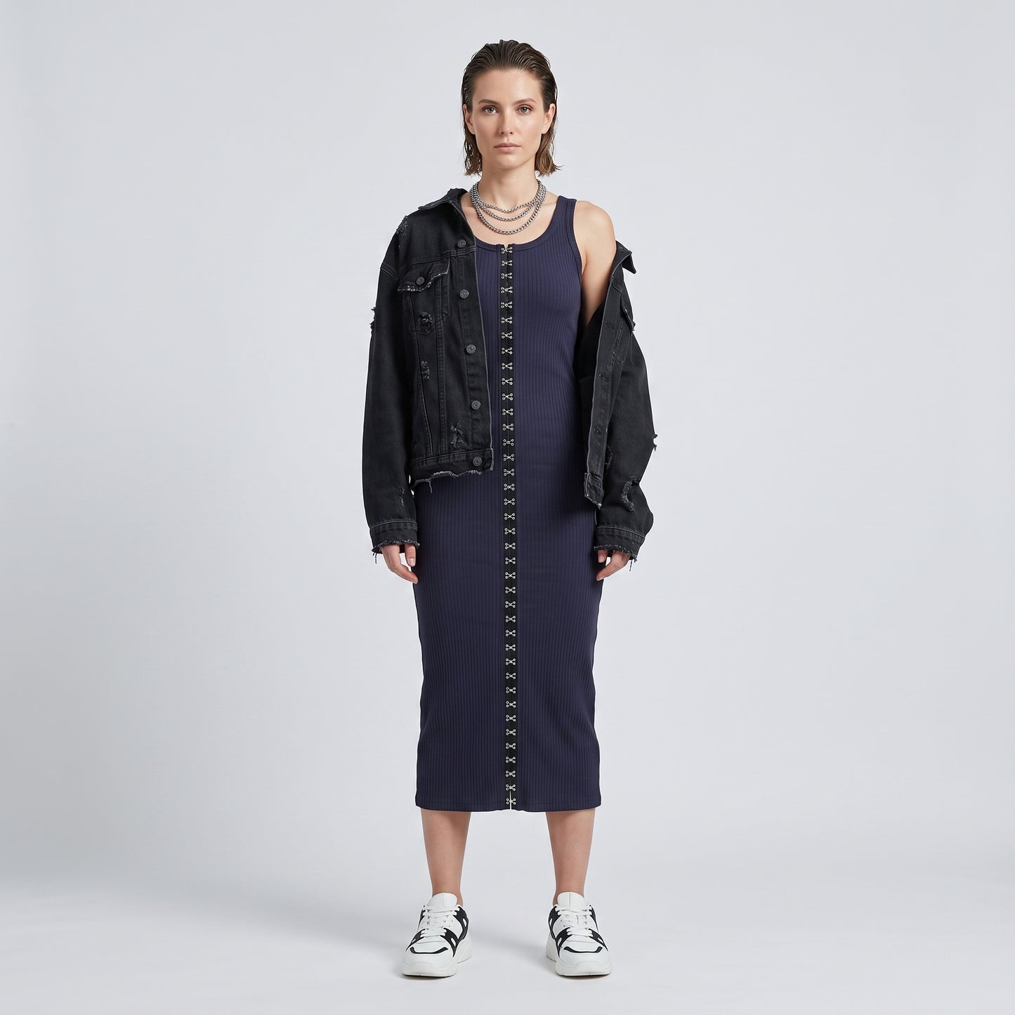 Ribbed Hook-and-Eye Midi Dress