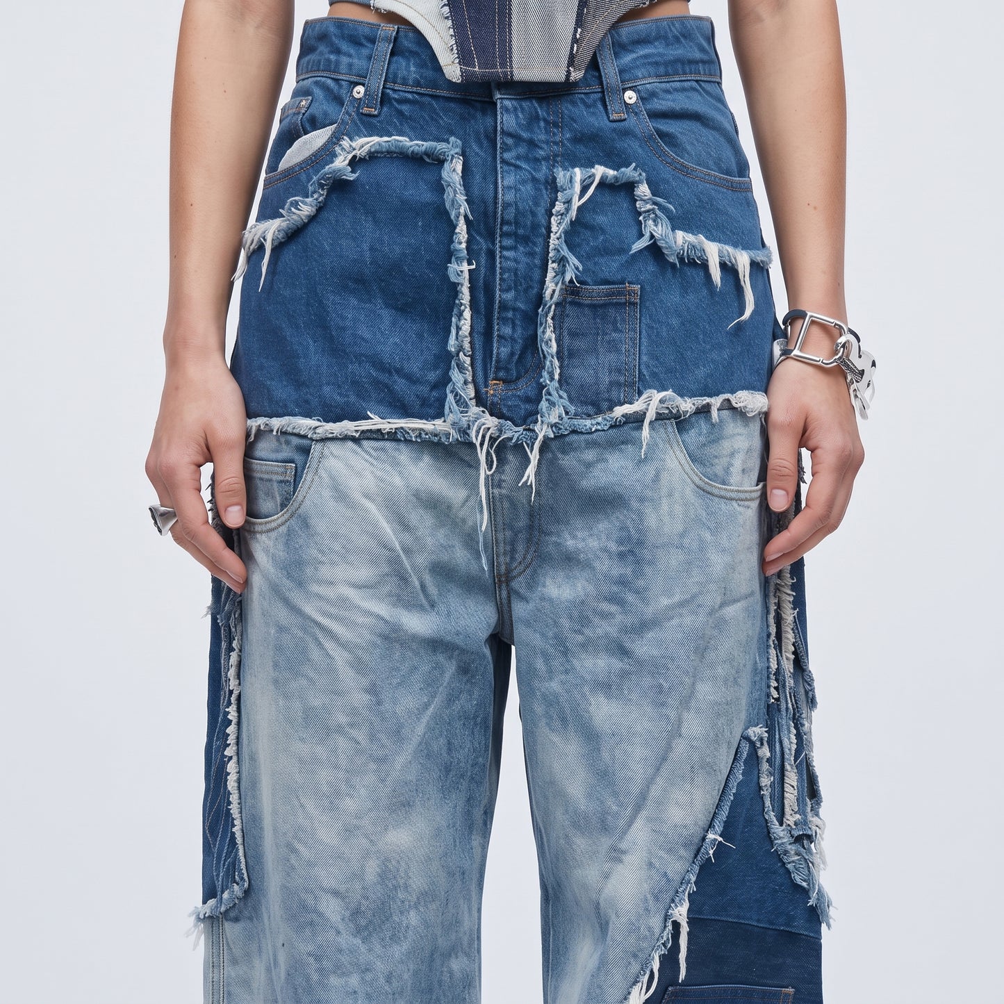 Distressed Patchwork Wide-Leg Jeans