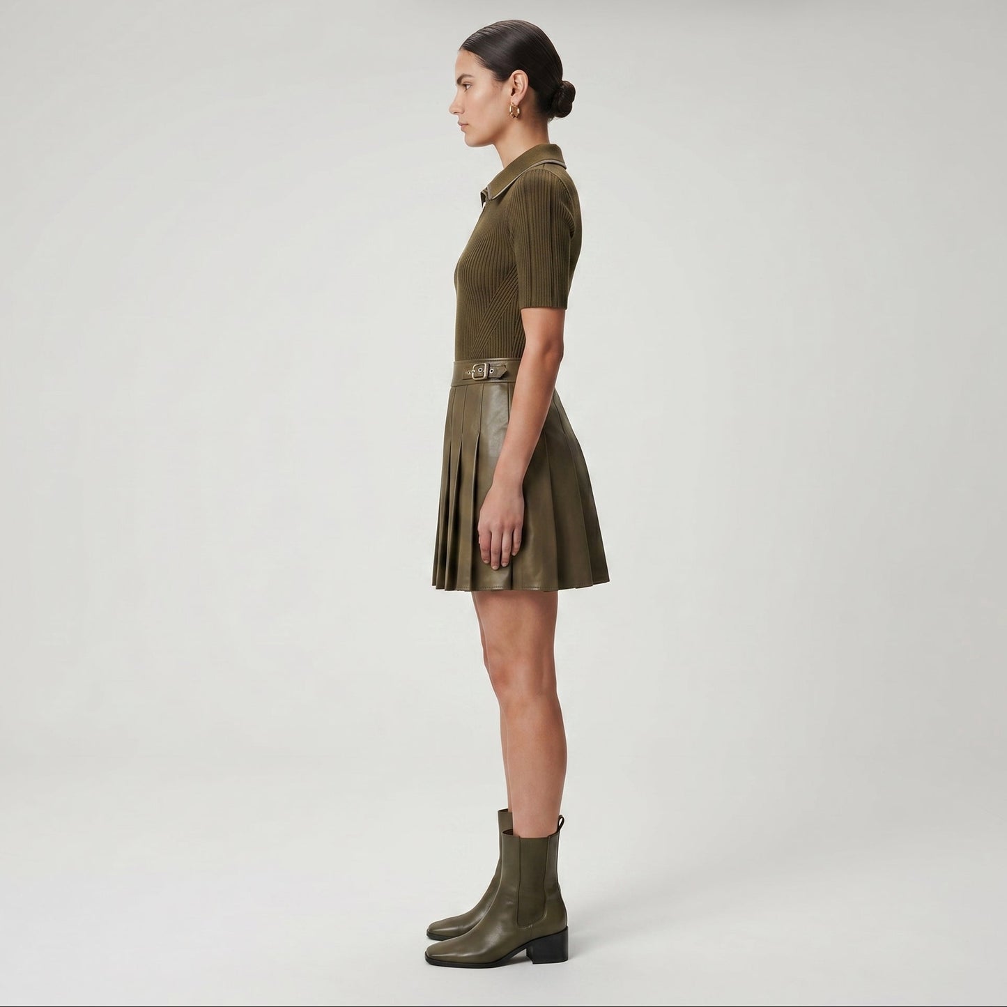 Pleated Ribbed Knit Polo Dress