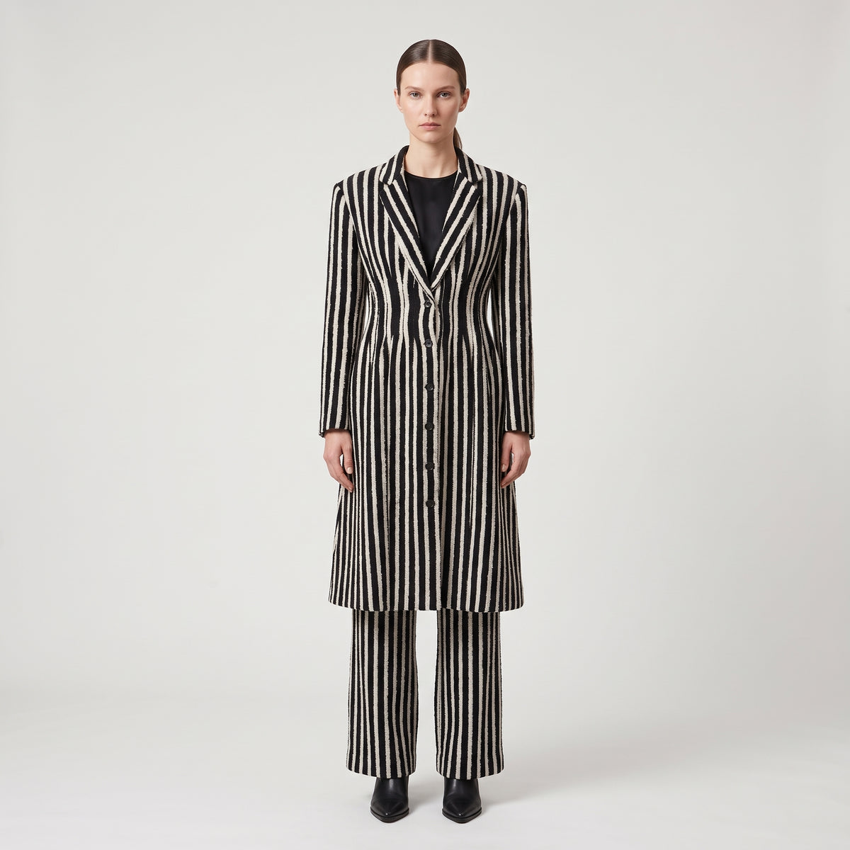 Tailored Striped Wool Blend Coat