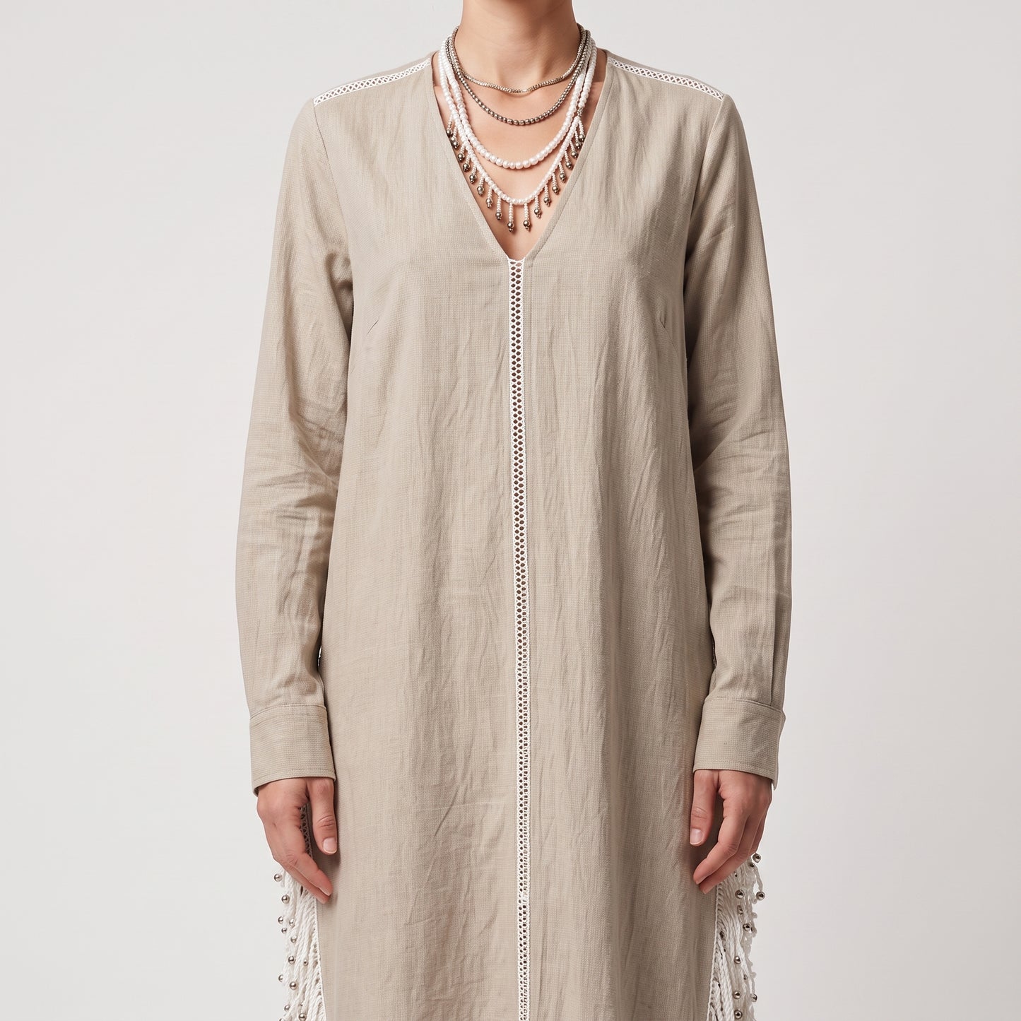 Fringed V-Neck Cotton Tunic